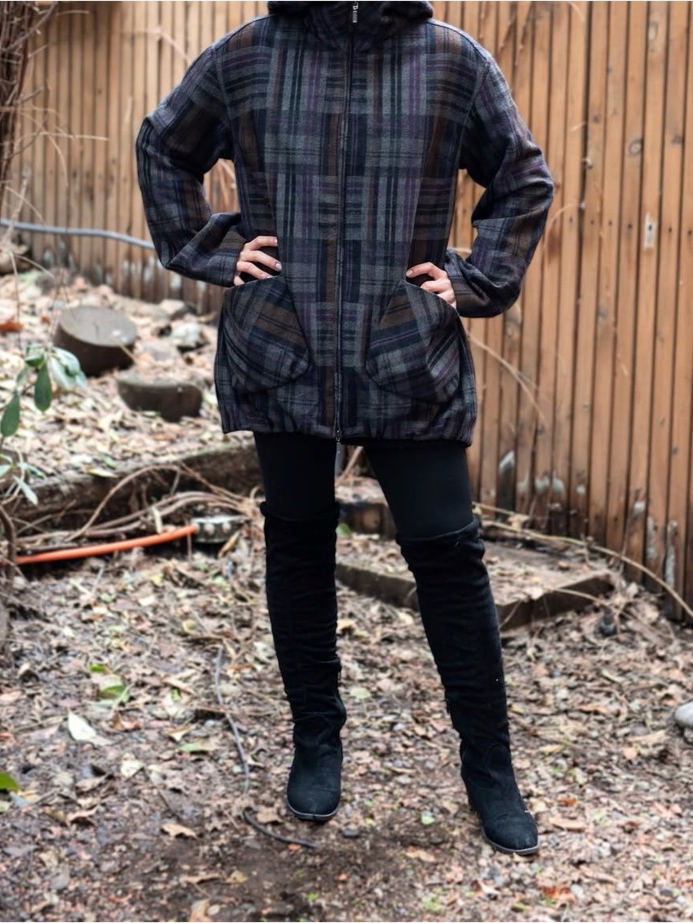 Stefanel Plaid 80% Wool Hooded Zip Trench Coat in Gray and Purple